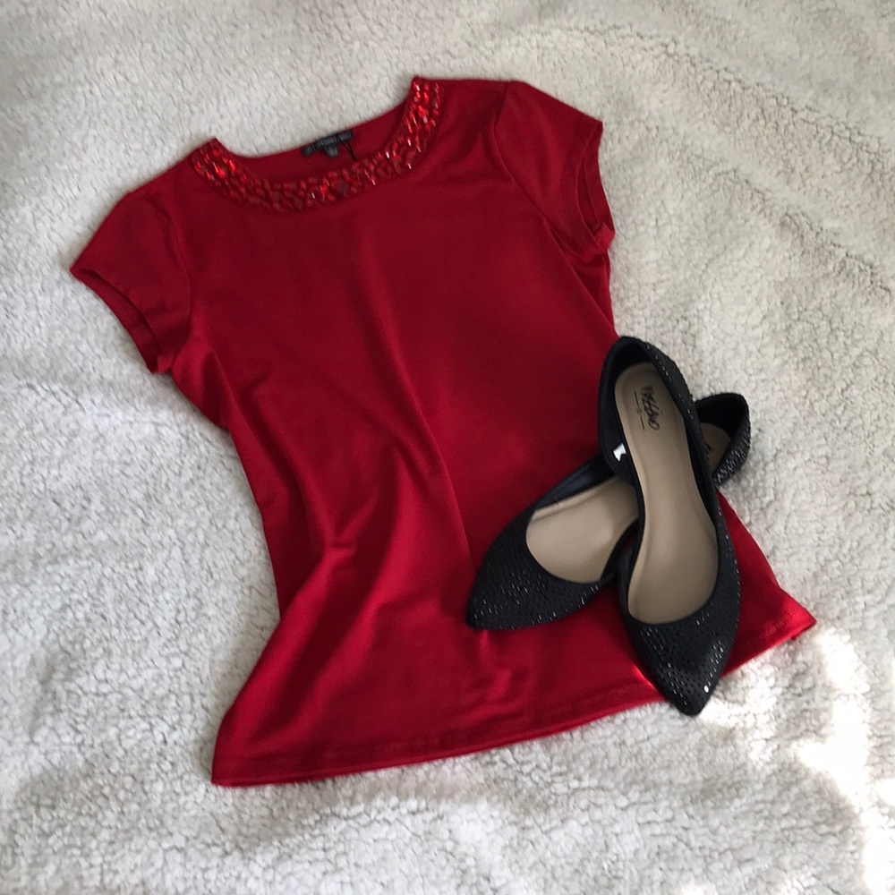 Adrianna Papell red jeweled holiday top